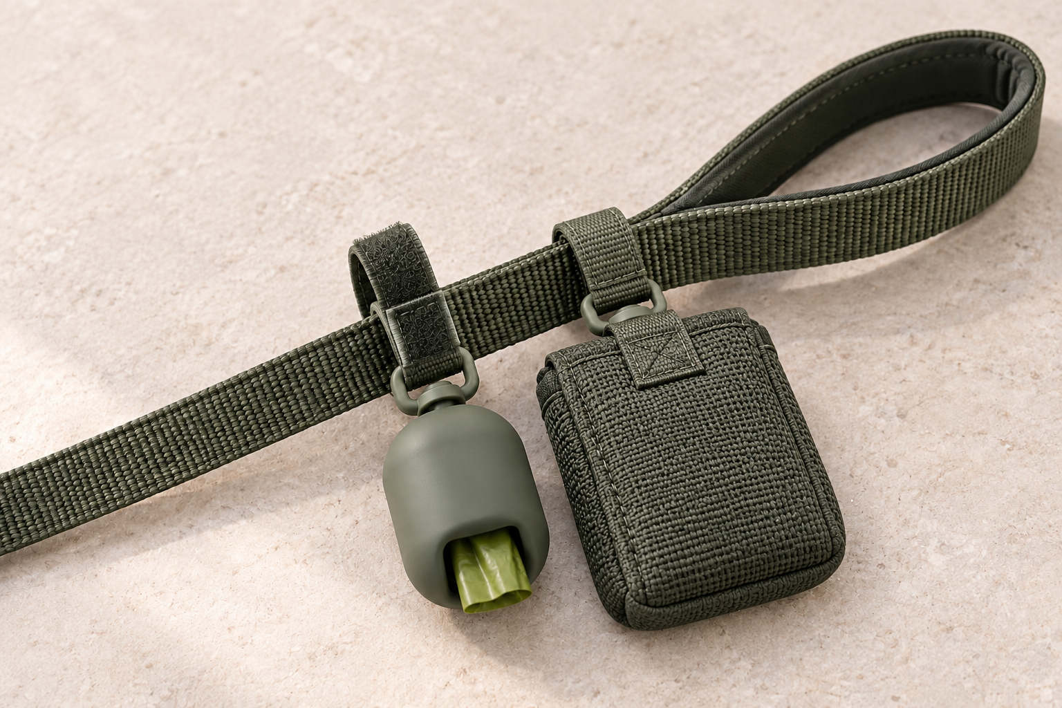 Concept showing the Pawlour Clean Walk Kit attached to a dog leash